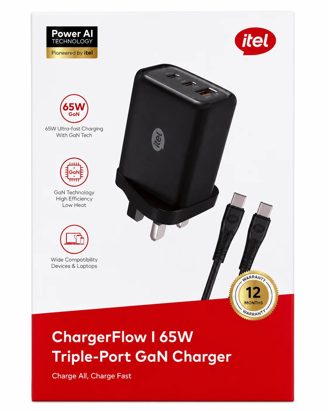 itel ChargerFlow I 65W Triple-Port GaN Charger